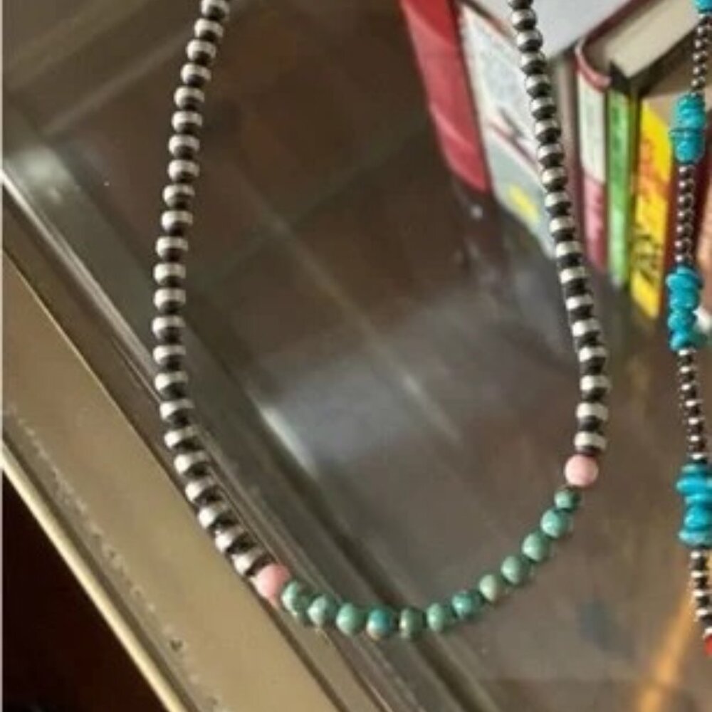 Sterling Silver Navajo Pearl pink conch and turquoise necklace
